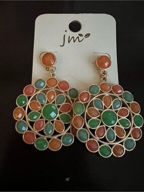 Jm Floral Multi-Color Drop Earrings — Green, Coral & Teal Accents